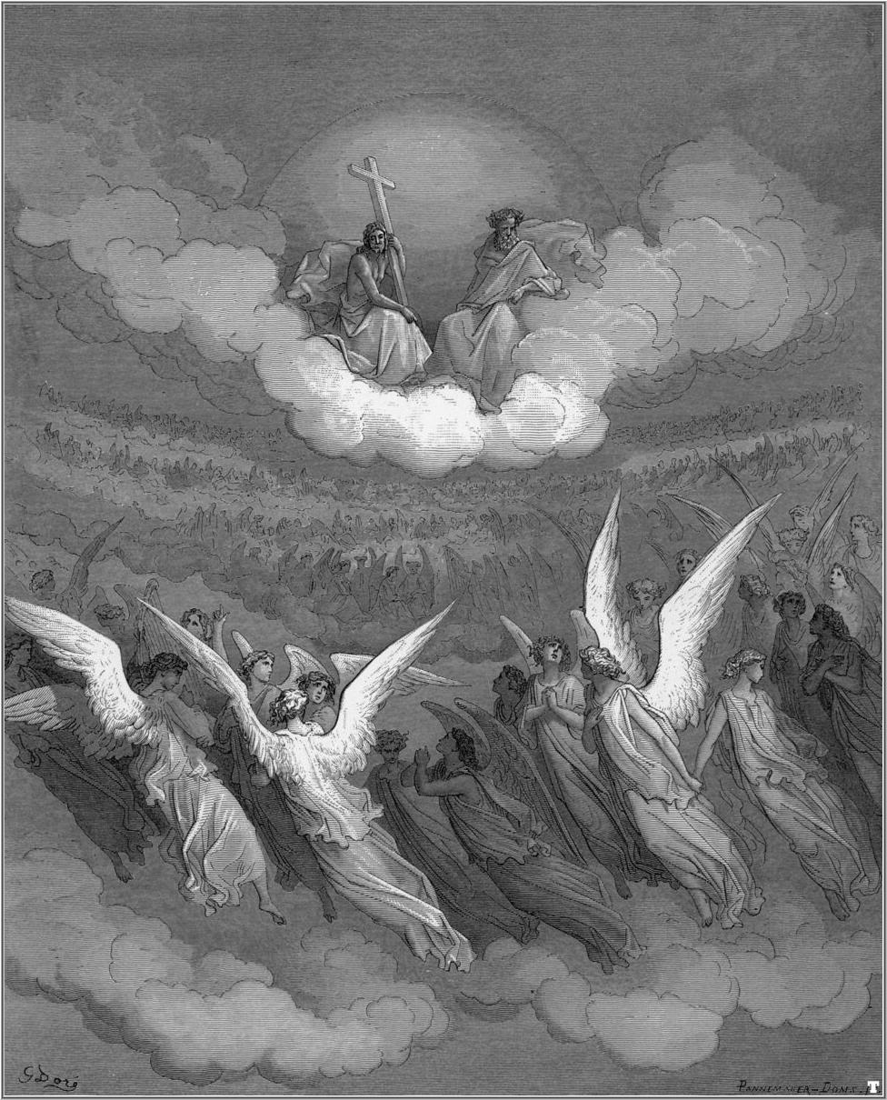 Gustave Dorén kaiverrus: taivaallinen enkelikuoro valon äärellä